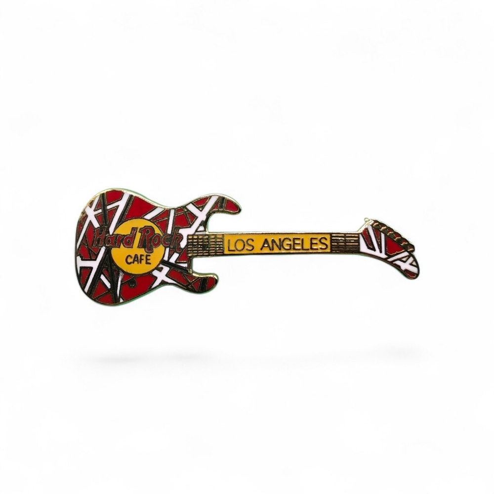 HARD ROCK CAFE GUITAR PIN LOS ANGELES CALIFONIA WHITE STRIPED VERSION